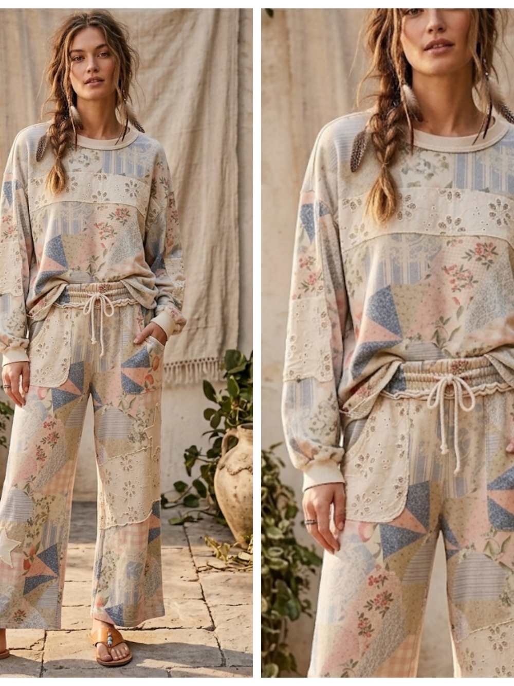 easel Pastel Patchwork Print Eyelit Set in Cream, Blue & Pink